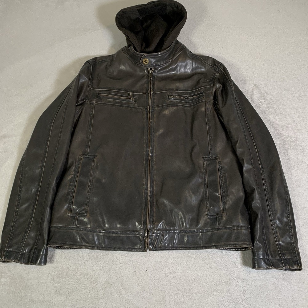 Sonoma‎ Insulated Distressed Brown Faux Leather Mens Hooded Jacket - Medium